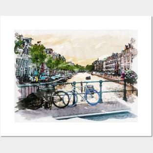 AMSTERDAM, Netherlands Watercolor Cityscape Fine Art Posters and Art